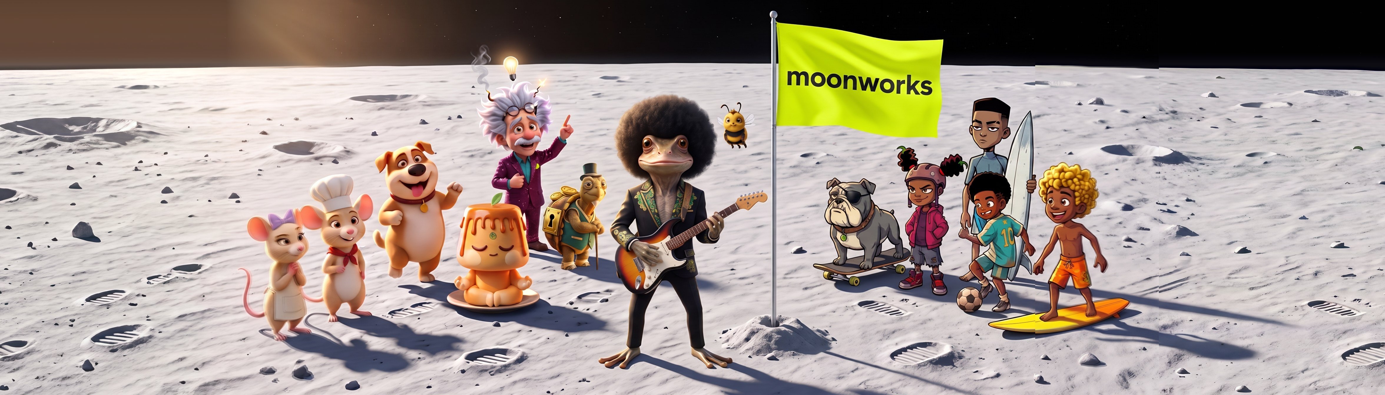 O elenco moonworks reunido na superfície da lua