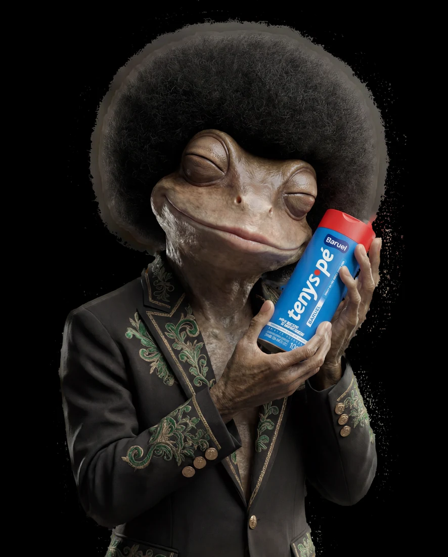 O Sapo de blazer bordado, olhos fechados, abraçando o frasco de Tenys Pé