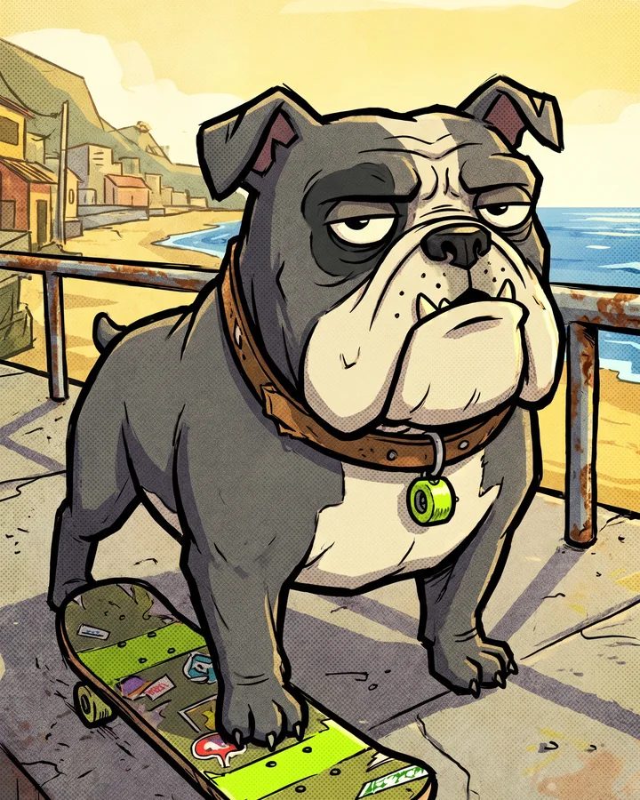 PNEU, o cão-lenda da Laje do Cão, com a pata no skate diante da vila e do mar