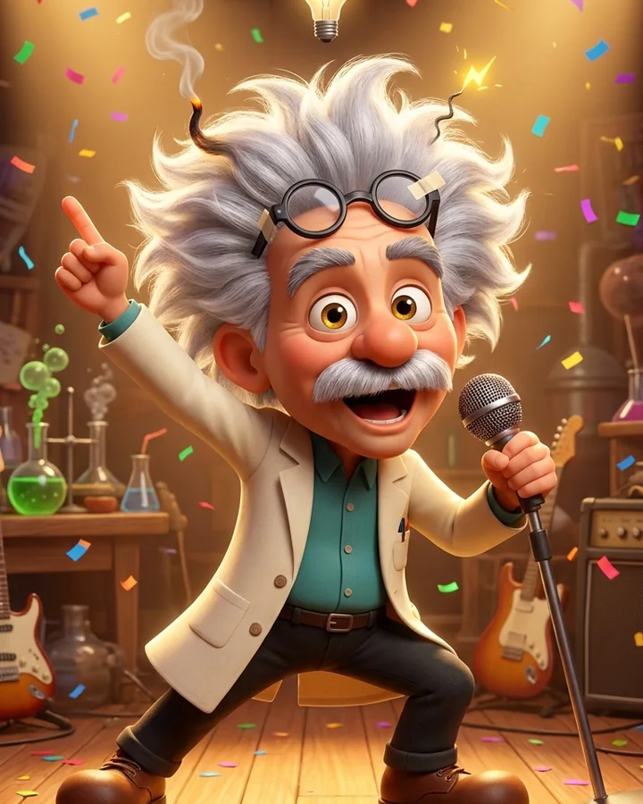 Doutor Sabixão de microfone na mão, no palco do seu laboratório
